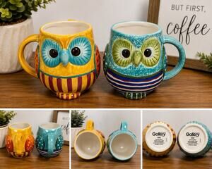 Tabletops Gallery Owl Coffee Mug Set of 2 Handcrafted Ceramic 20 oz Colorful